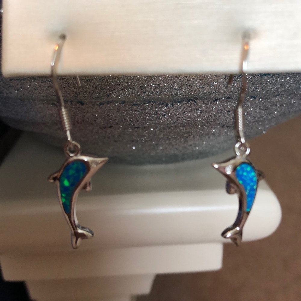 Sterling Silver with Lab Opal Dolphin Earrings - Picture 4 of 5